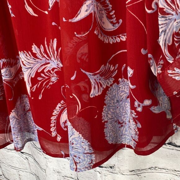 Tommy Hilfiger Pintuck Floral 3/4 Sleeve Chiffon Split Neck Blouse Red 1X - Picture 6 of 13